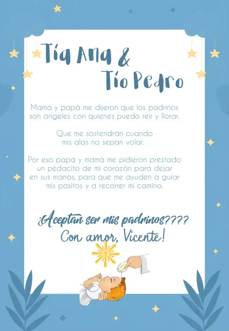 Invitación Padrinos De Bautizo Azul – tema Primera Comunión azul suave, elementos católicos, ángeles, moderno, ilustración delicada