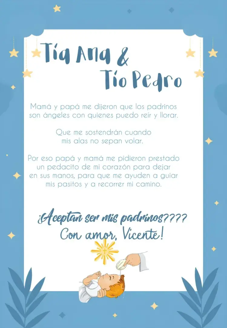 Invitación Padrinos De Bautizo Azul