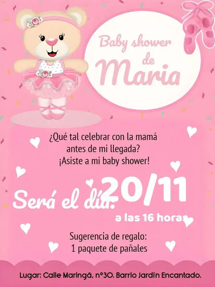 Invitación Baby Shower Bailarina Bear Tea – tema Baby Shower rosa, blanco, floral, ballet, infantil, delicado