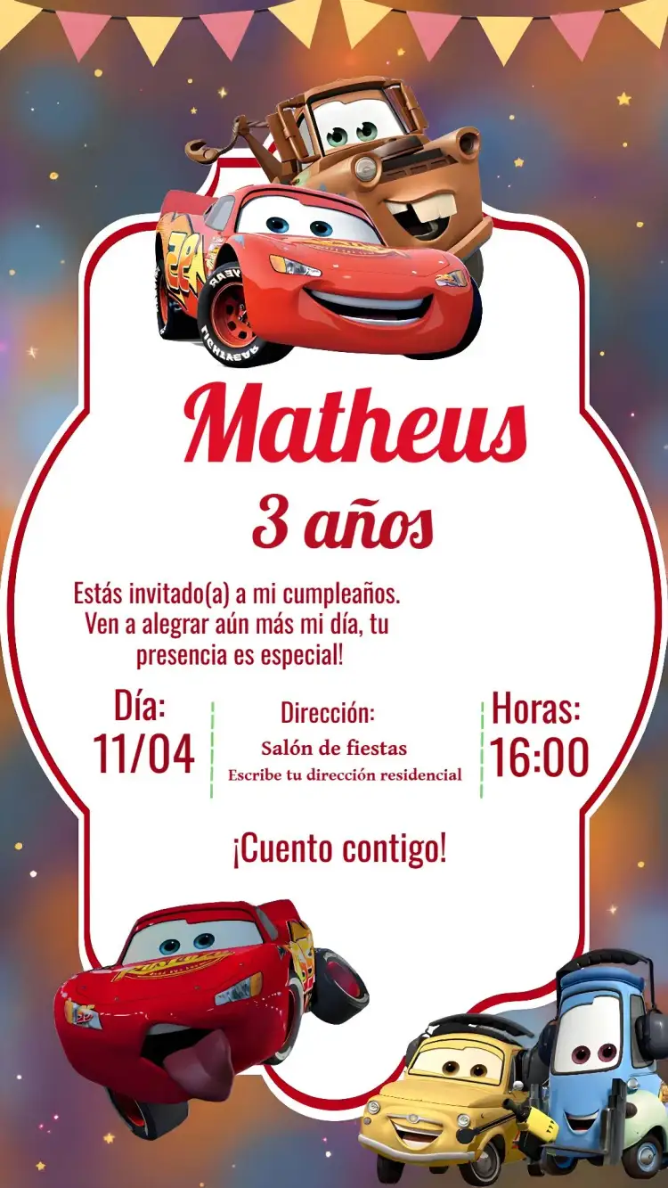 Invitación Carros Rayo McQueen Blanco – tema Más buscados blanco, rojo, moderno, divertido, infantil