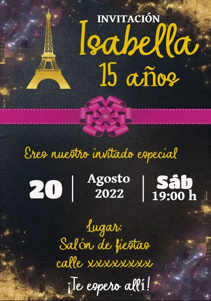 Invitación 15 Años París Negro – tema 15 años negro y dorado, moderno, elegante, chic, minimalista