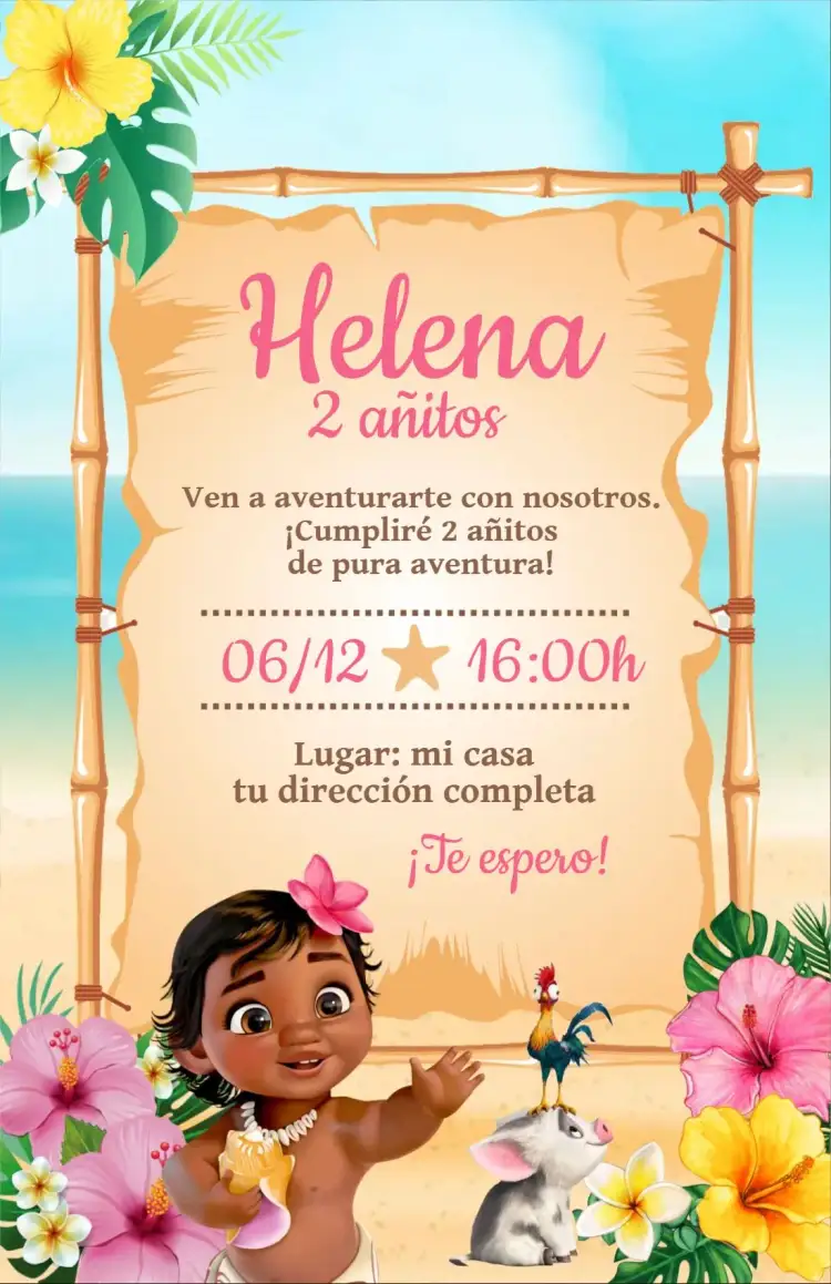 Invitación Invitación Moana Baby – tema Cumpleaños Infantil tropical, floral, colorido, infantil, aqua, aventura