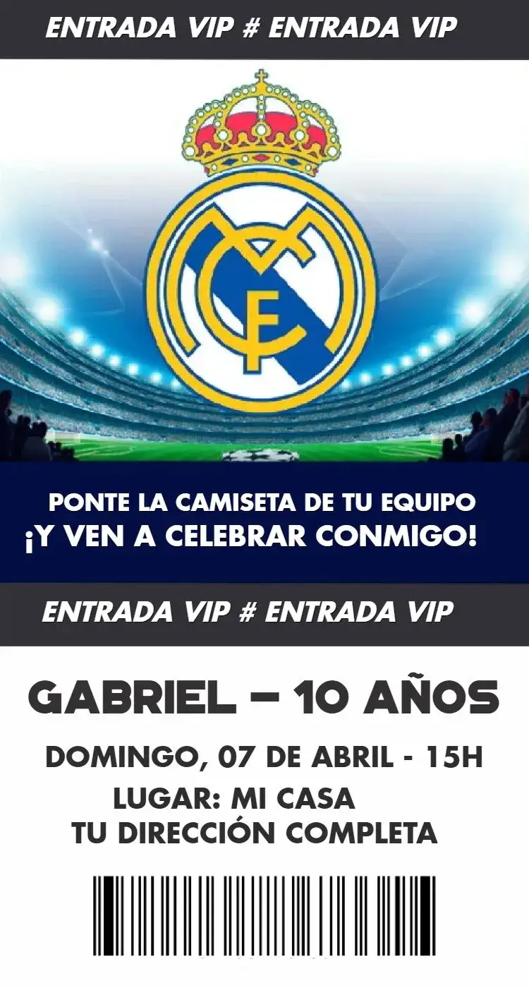 Invitación Entrada Real Madri – tema Cumpleaños fútbol, moderno, deportivo, vibrante, temático