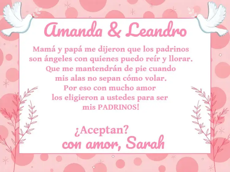 Invitación Padrinos De Bautismo Iglesia – tema Bautismo rosa, blanco, angelitos, religioso, delicado, infantil