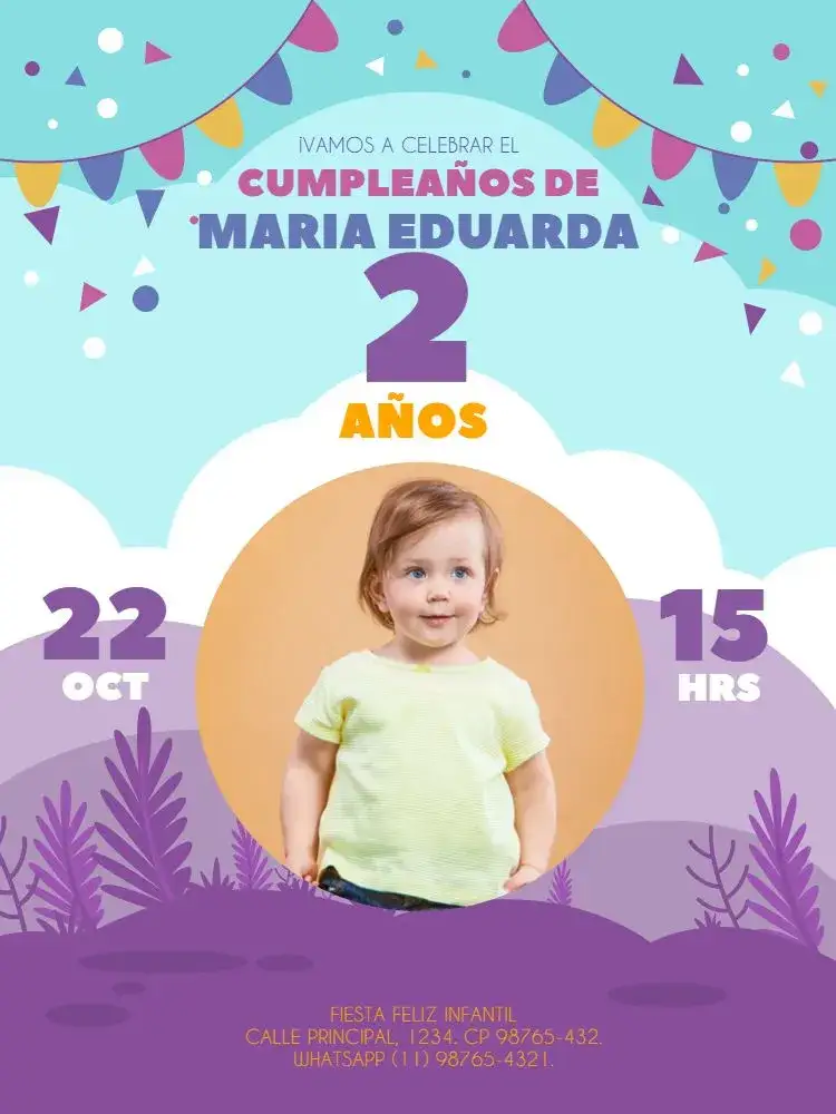 Invitación 2 Años Con Foto Morado – tema Cumpleaños púrpura y azul, lúdico, festivo, infantil, colorido, confeti