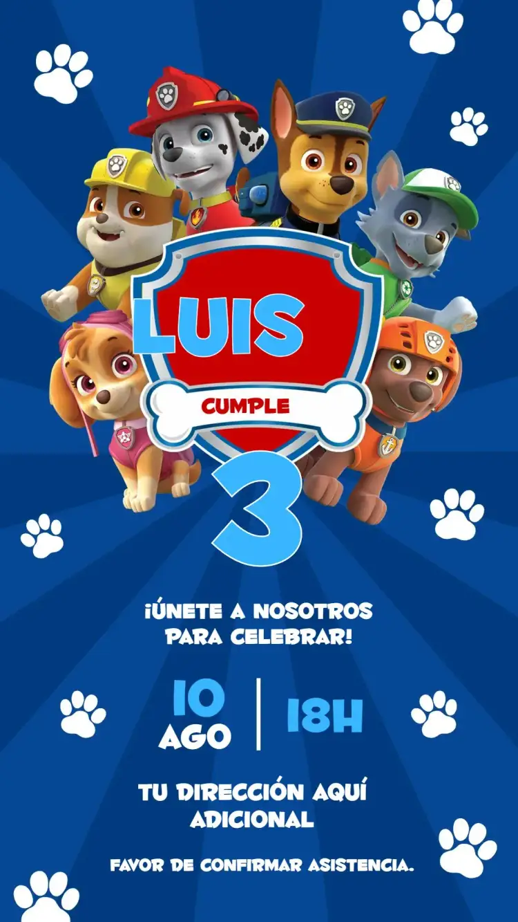 Invitación Patrulla Canina – tema Cumpleaños Infantil colorido, divertido, infantil, aventura, animales, temático