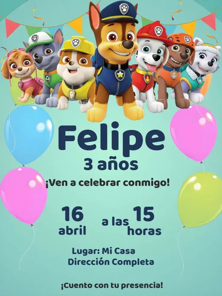 Invitación Patrulla Canina Verde – tema Cumpleaños Infantil temática infantil, colores vibrantes, personajes animados, moderno, divertido, estilo digital