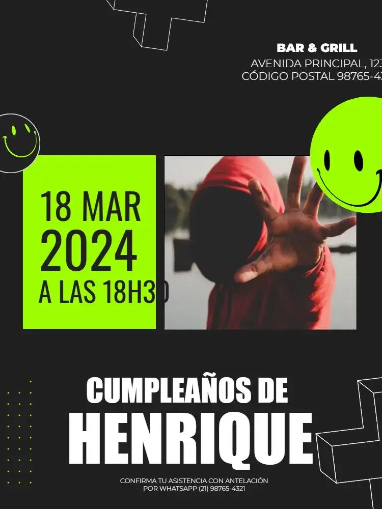 Invitación Varón Adulto Moderno con Foto Oscura – tema Cumpleaños Infantil moderno, oscuro, masculino, verde, minimalista