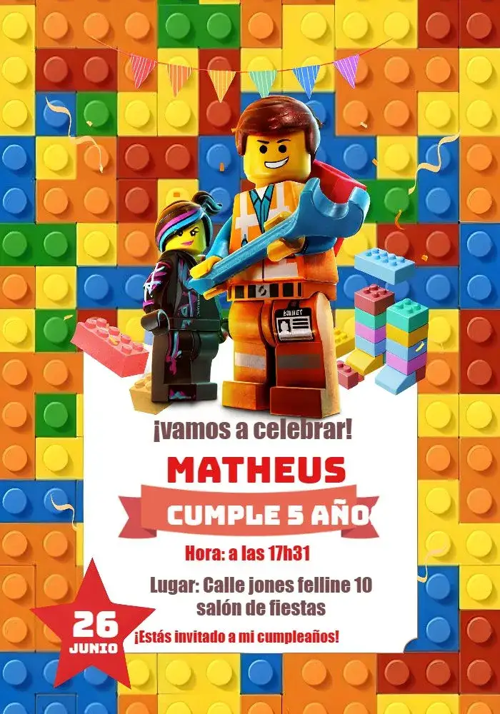 Invitación Lego – tema Cumpleaños Infantil colorido, lúdico, divertido, juguetes, infantil