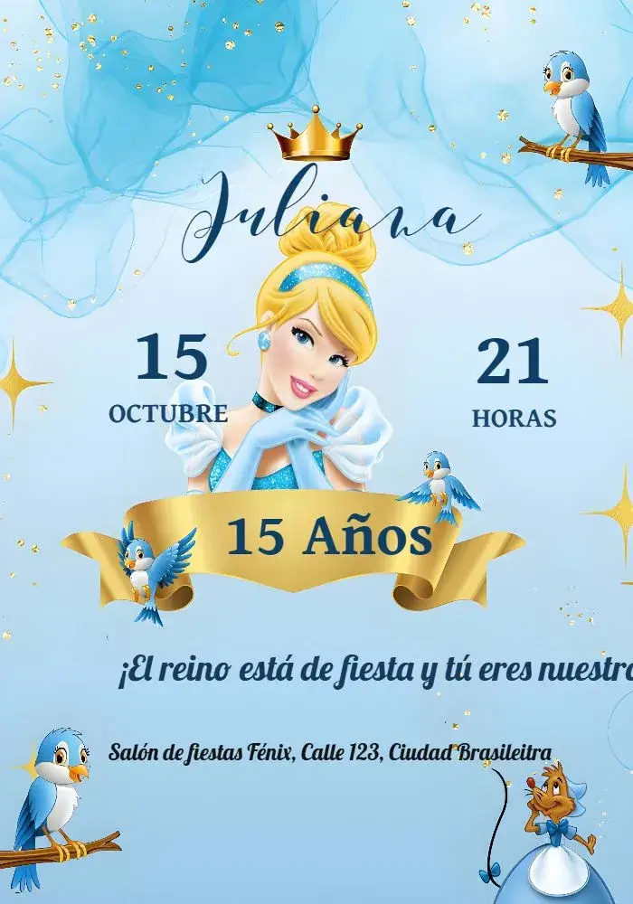 Invitación 15 Años Cenicienta Amarillo editable y personalizable
