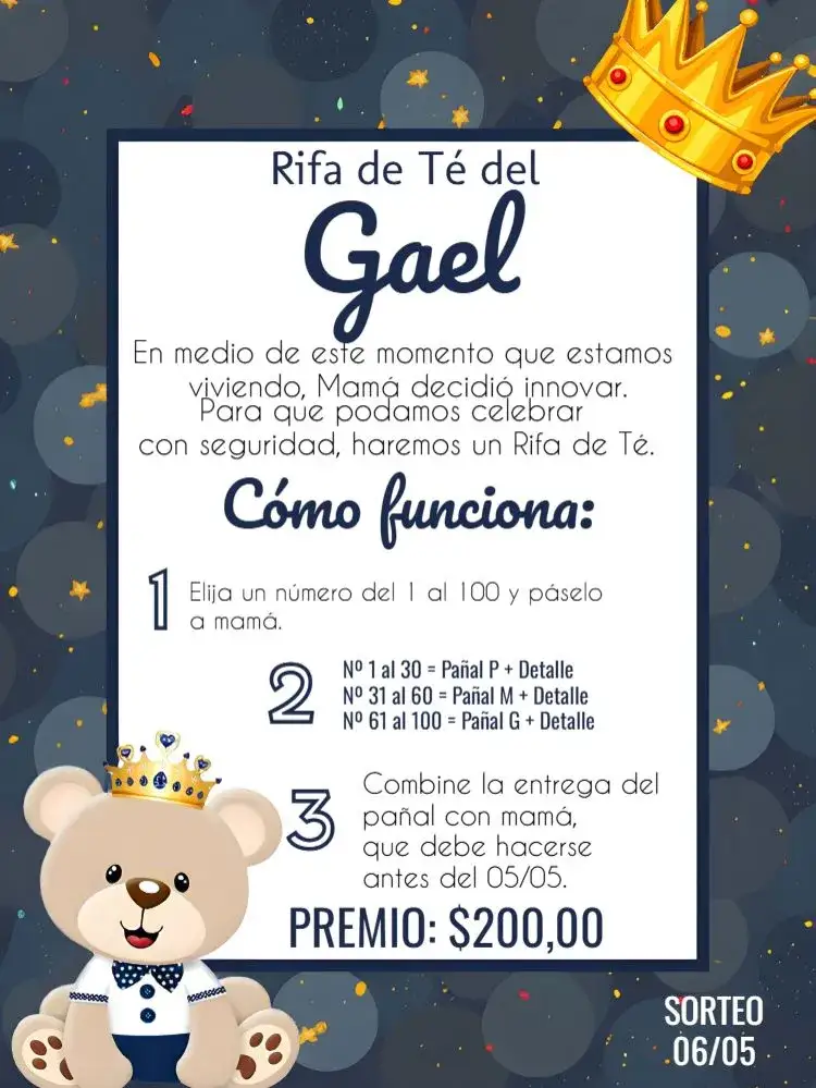 Invitación Té Rifa Osito Príncipe – tema Té Rifa azul, blanco, dorado, moderno, lúdico, infantil