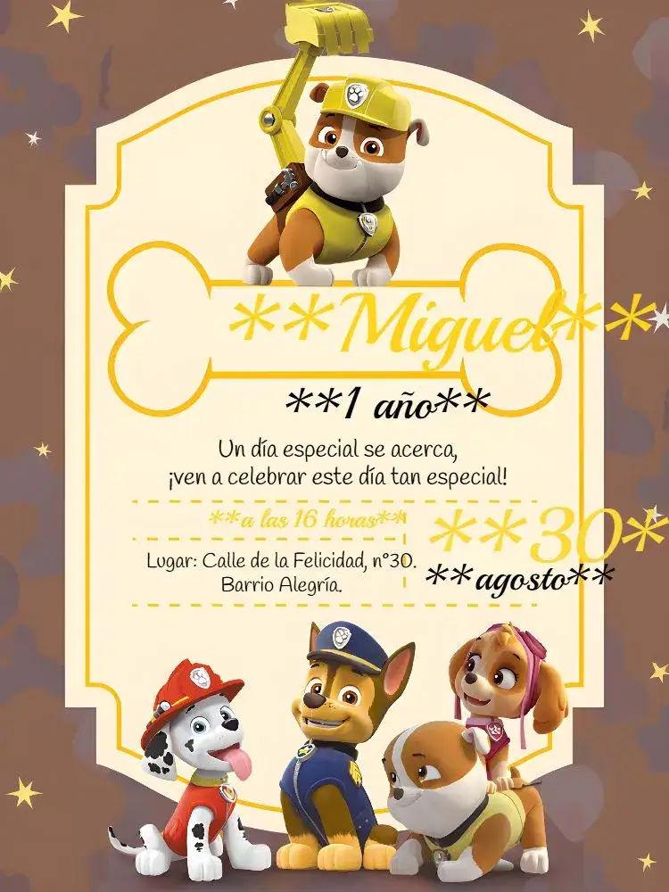 Invitación Rubble Patrulla Canina Marshall – tema Cumpleaños Infantil amarillo, divertido, infantil, colorido, lúdico