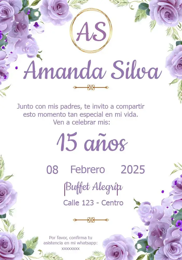 Invitación 15 Años Floral Lila Púrpura
