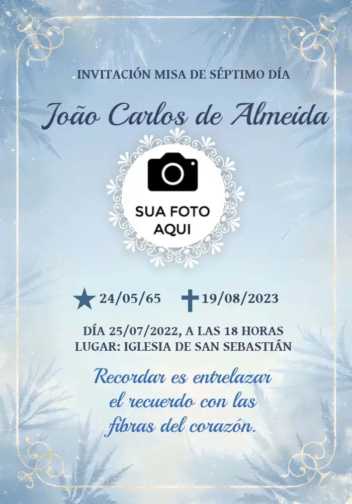 Invitación Misa De 7º Día Año – tema Fechas Conmemorativas azul, blanco, moderno, elegante, sereno
