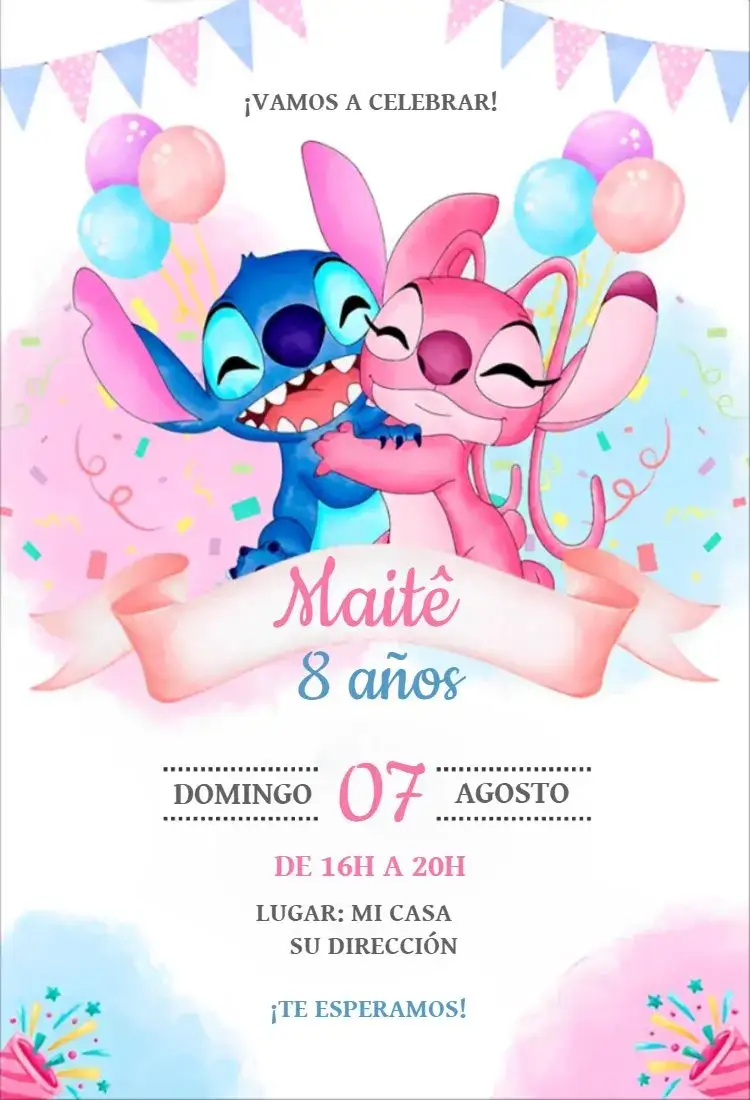 Invitación Stitch y Angel 4 – tema Cumpleaños acuarela, infantil, colores vibrantes, moderno, personajes lúdicos, estilo unisex
