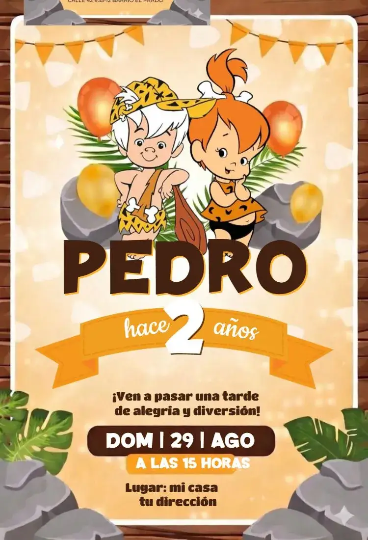 Invitación Bambam y Pedrita – tema Cumpleaños colorido, divertido, temático, vintage, nostálgico