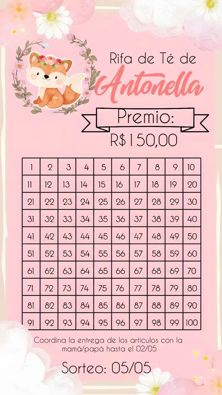 Invitación Té Rifa Zorrito Delicado – tema Té Rifa floral, minimalista, delicado, rosa y blanco, nube, encantado