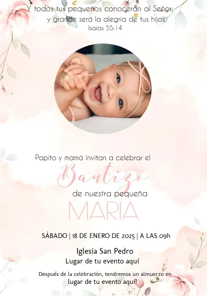 Invitación Bautizo Floral Con Foto Delicada – tema Primera Comunión floral, delicado, romántico, suave, moderno