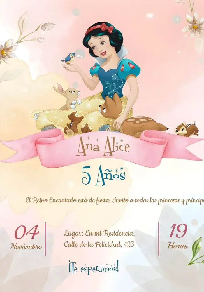 Invitación Blanca Nieves Niña – tema Más buscados floral, delicado, rosa, Disney, princesa, mágico