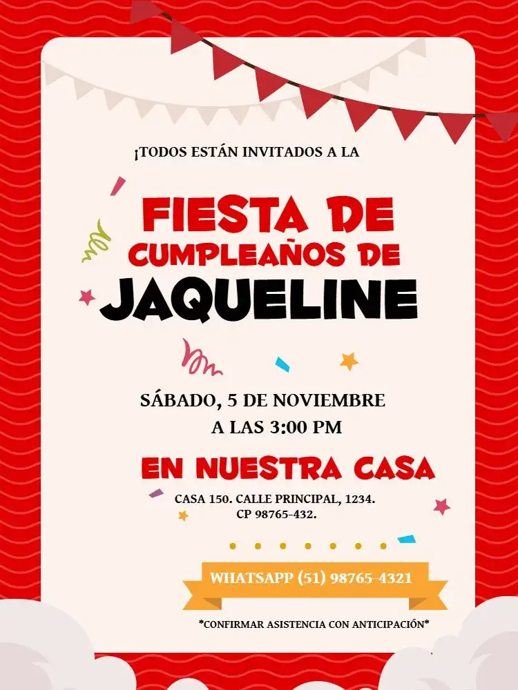 Invitación Rojo Roja – tema Cumpleaños Infantil rojo vibrante, estrellas, diseño lúdico, estilo festivo, elementos gráficos divertidos, estilo moderno
