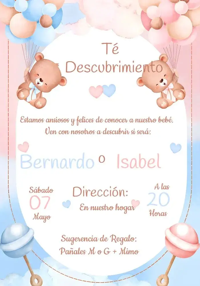 Invitación Revelación de Género Osito Aeronauta Tierno – tema Revelación Bebé lindo, delicado, acuarela, azul y rosa, infantil