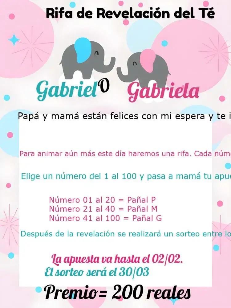 Invitación Té Rifa Elefantitos Revelación – tema Revelación Bebé lindo, colorido, actual, infantil, divertido