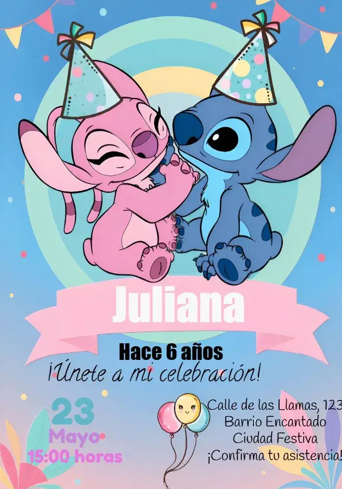 Invitación Stitch Y Angel Azul