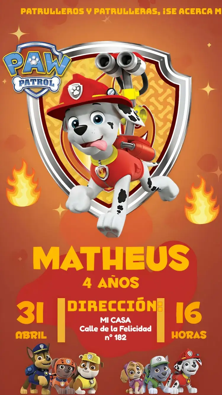 Invitación Patrulla Canina Marshall Infantil – tema Más buscados colorido, temático, divertido, infantil, animado