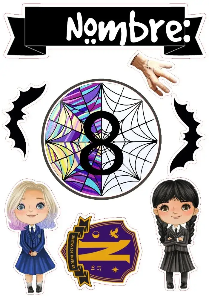 Invitación Topo De Pastel Wednesday Wandinha Addams Blanco – tema Topper de torta gótico, moderno, sombrio, minimalista, blanco y negro