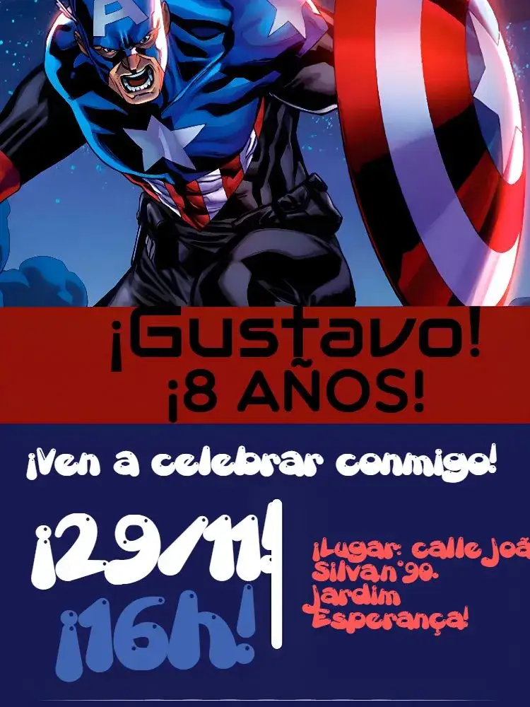 Invitación Capitán América Vengadores – tema Cumpleaños Infantil superhéroes, colorido, divertido, moderno, dinámico, infantil