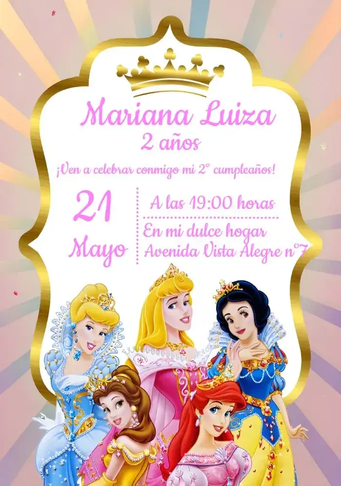 Invitación Princesas De Disney Rosa – tema Más buscados rosa, dorado, fantasía, infantil, mágico