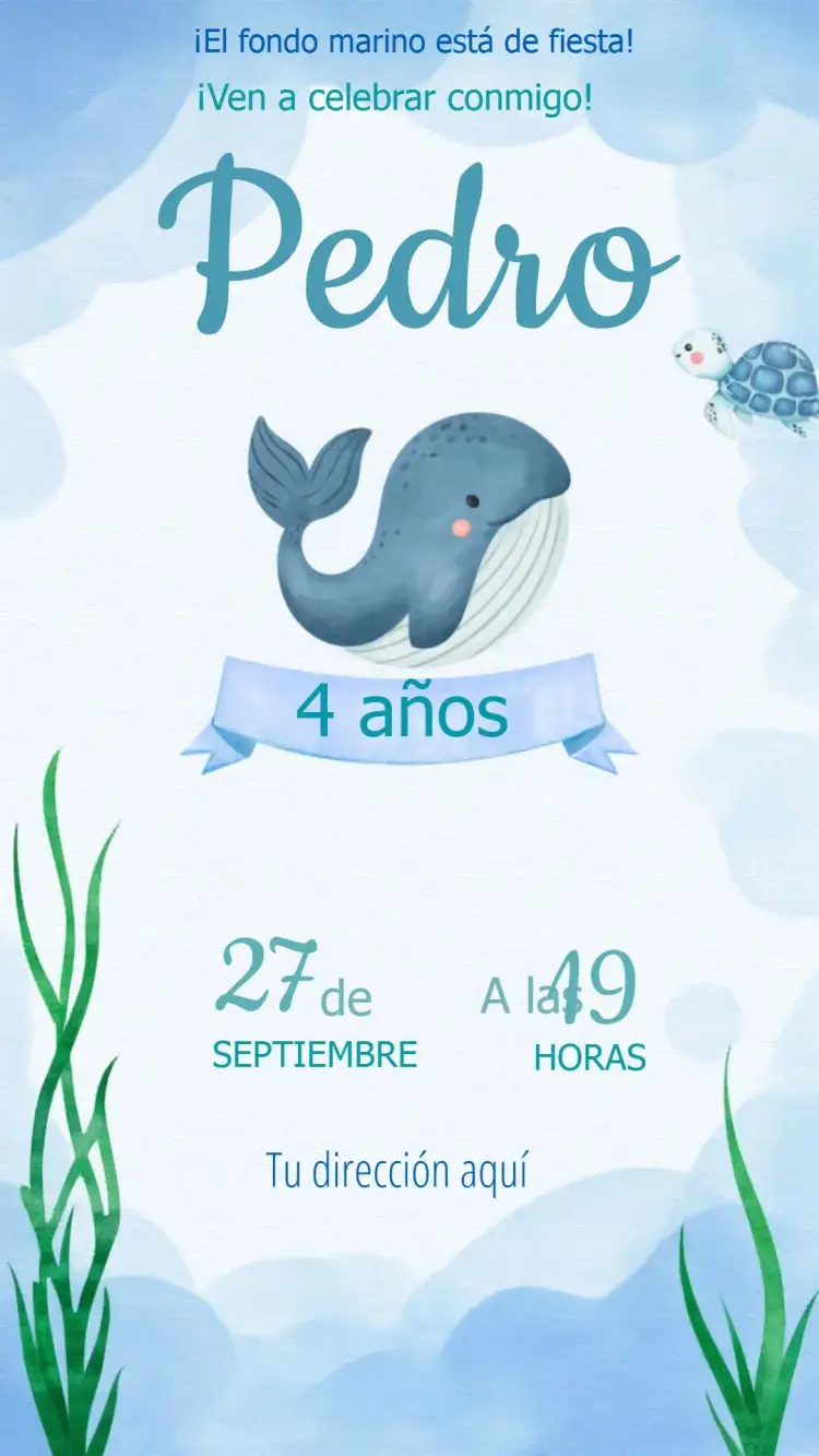 Invitación Fondo Del Mar Ballena – tema Cumpleaños Infantil azul marino, colorido, acuarela, lúdico, divertido, temático