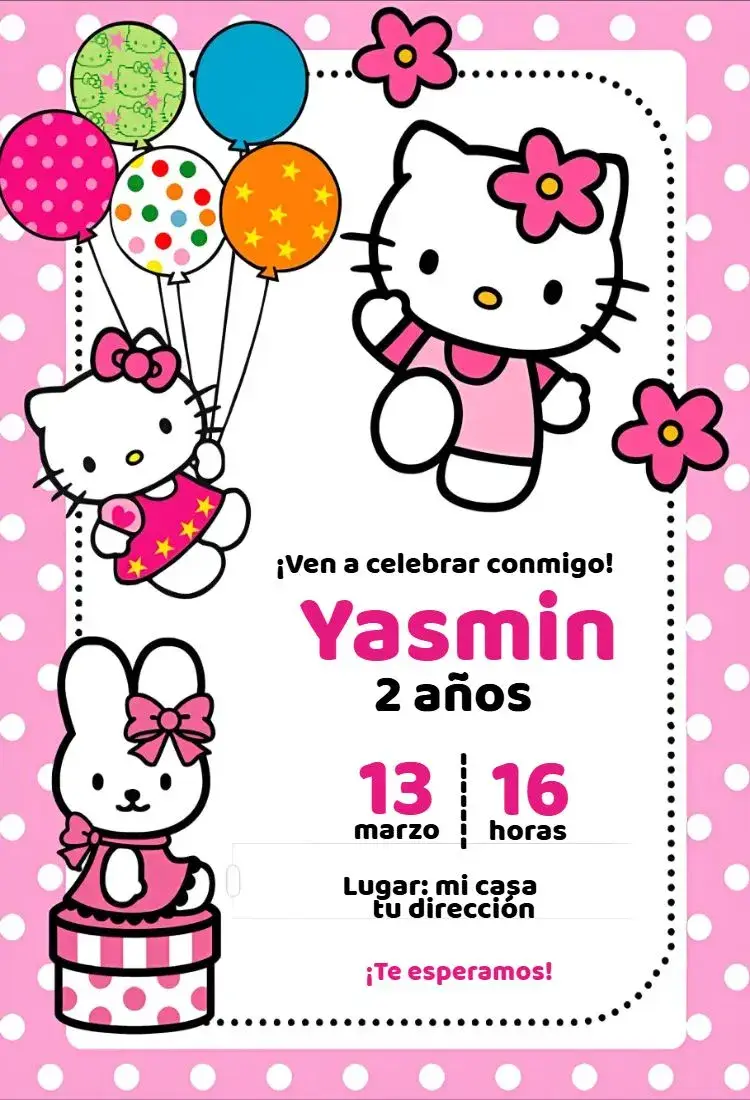 Invitación Invitación Hello Kitty Globos editable y personalizable