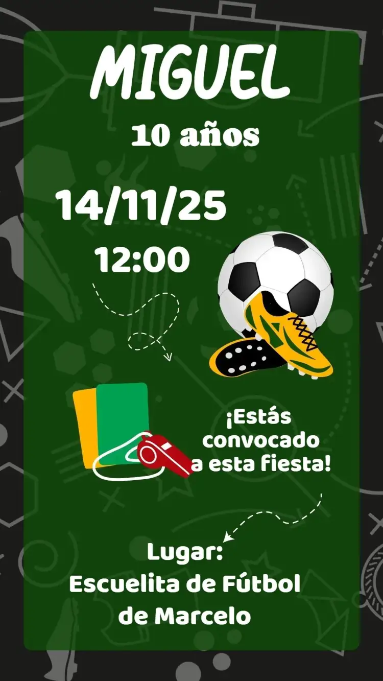 Invitación Fútbol – tema Cumpleaños colores vibrantes, estilo deportivo, elementos gráficos de fútbol, diseño moderno, ilustraciones divertidas, tema infantil