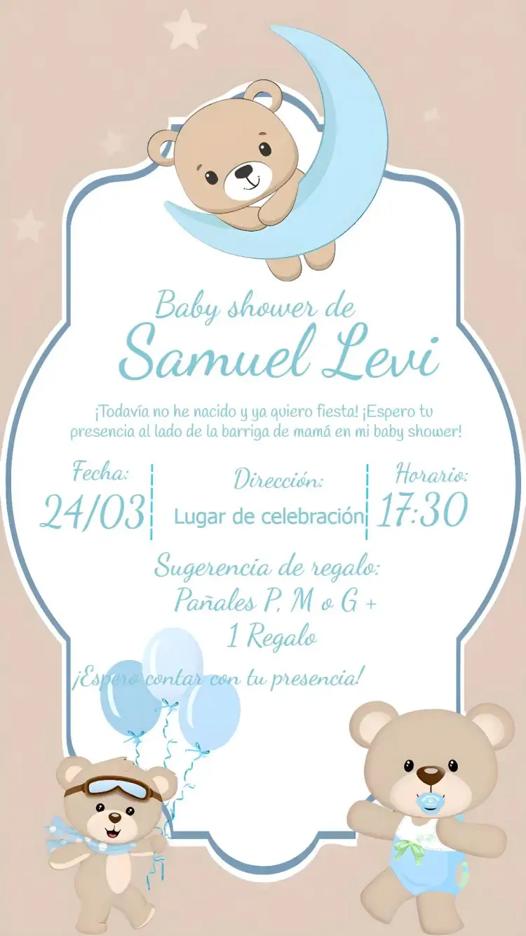 Invitación Baby Shower Osito – tema Baby Shower azul, oso de peluche, tierno, infantil, moderno, divertido