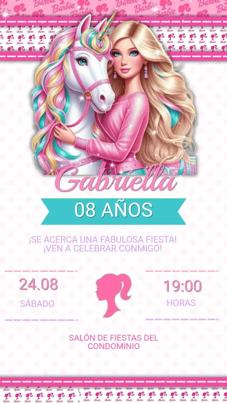 Invitación Invitación Cumpleaños Infantil Barbie – tema Cumpleaños Infantil colores pasteles, brillo, estilo moderno, elementos gráficos divertidos, tema Barbie, diseño encantador