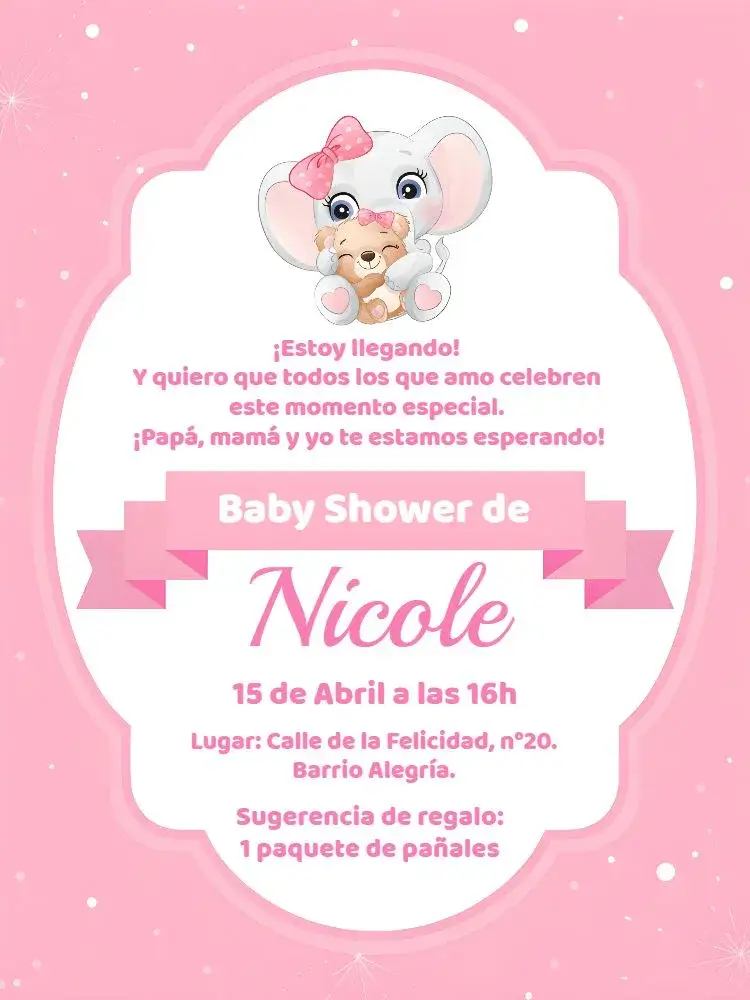 Invitación Baby Shower Elefantita Bebé – tema Despedida de Soltera rosa, blanco, elefantita, divertido, infantil, colorido