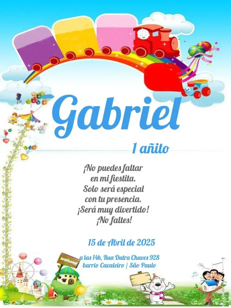 Invitación Trenzinho1 Aninho Para Editar Celebración – tema Té Rifa infantil, lúdico, colorido, divertido, nuvens, cielo