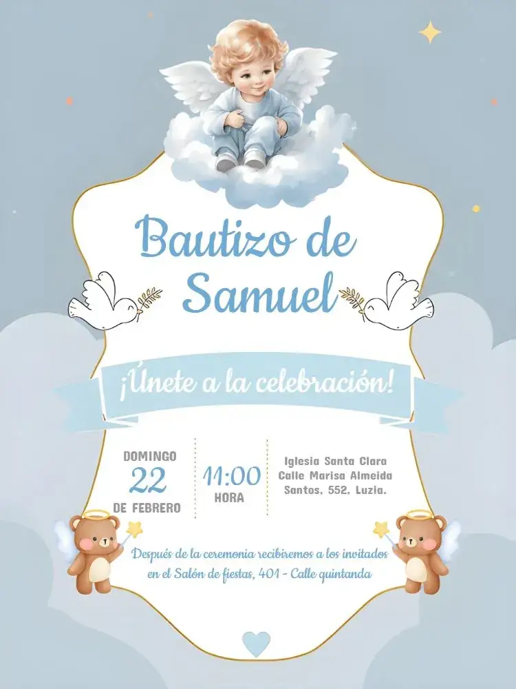 Invitación Bautizo – tema Bautismo azul, minimalista, moderno, clásico, infantil, elegante