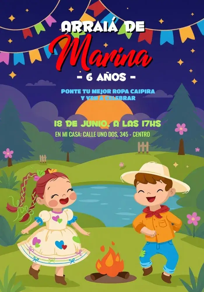 Invitación Fiesta Junina Arraiá Menina editable y personalizable
