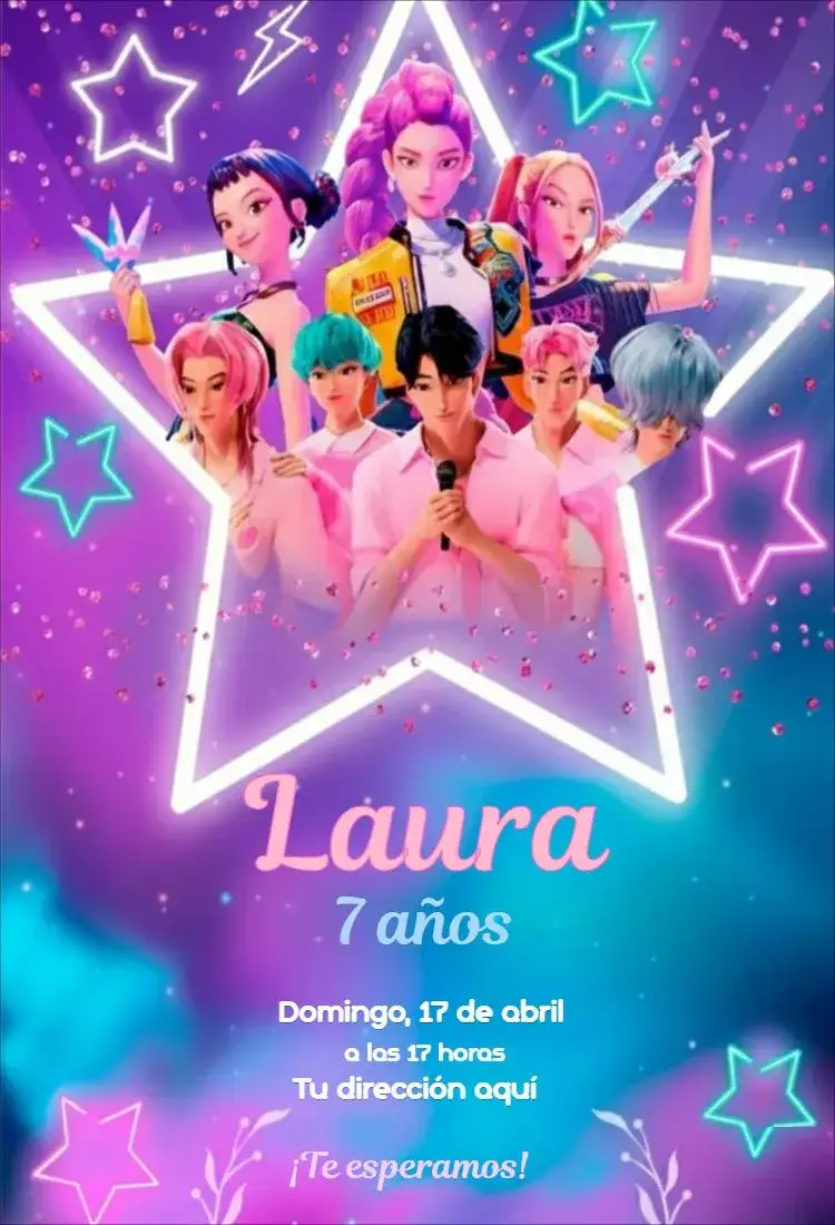 Invitación Guerreras del Kpop 4 – tema Cumpleaños Infantil colorido, moderno, jovial, pop, divertido, temático