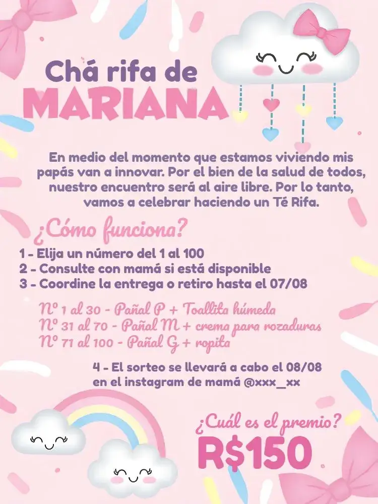 Invitación Té Rifa Lluvia De Bendiciones Bebé – tema Té Rifa rosa, púrpura, blanco, nubes, princesa, moderno