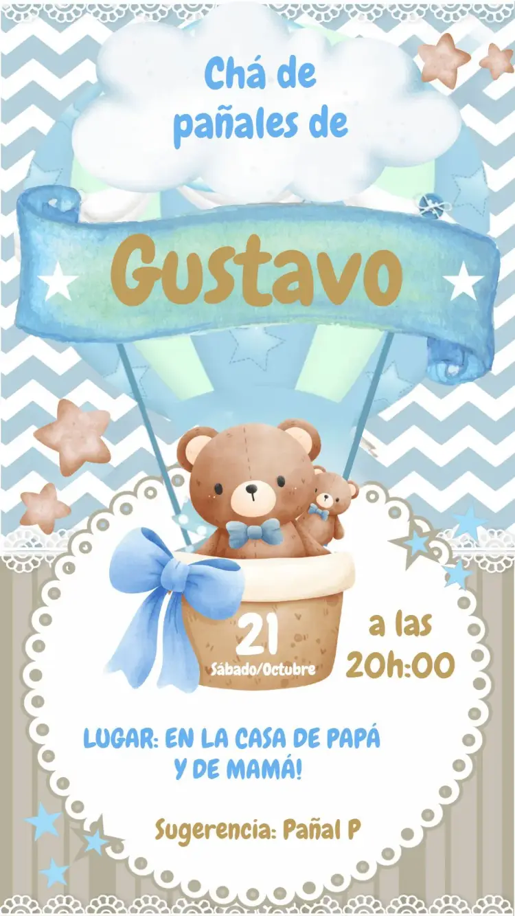 Invitación Chá De Pañales Osito Aeronauta Blanco editable y personalizable