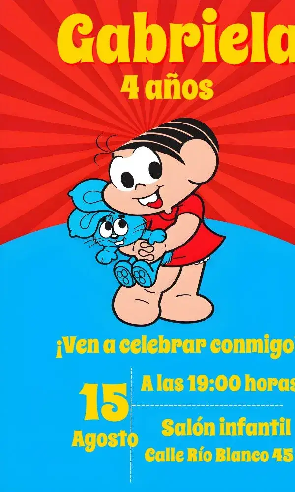 Invitación Turma Da Mónica – tema Cumpleaños Infantil colorido, infantil, divertido, ilustraciones de Mónica, vibrante, juguetón