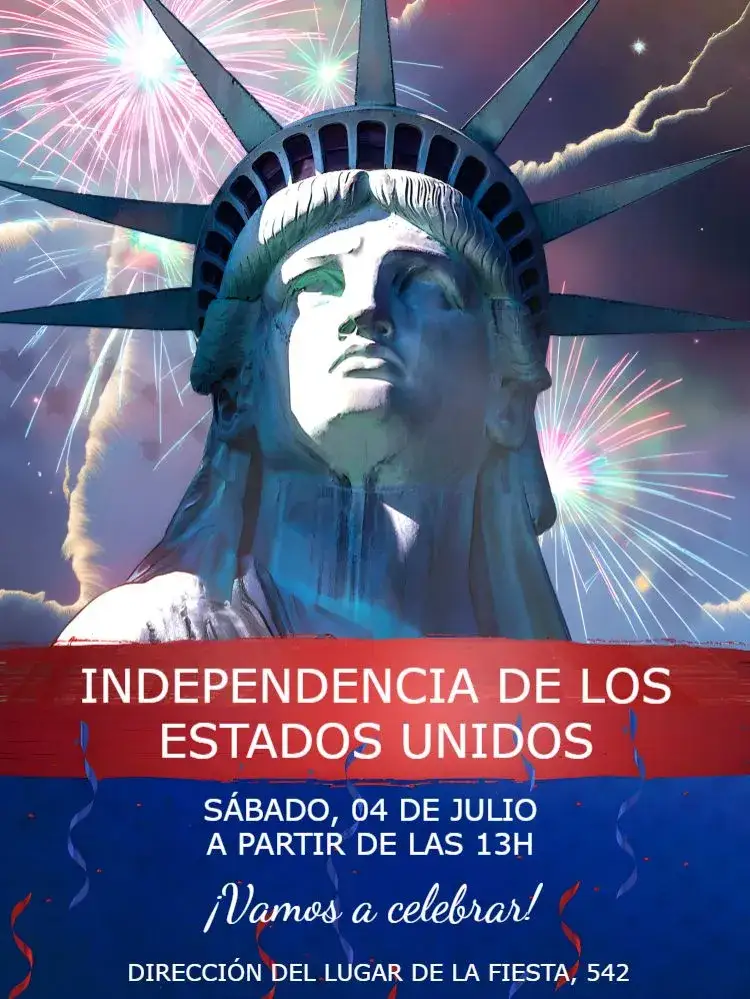 Invitación Independencia De Eua Independencia – tema Fechas Conmemorativas azul y rojo, estilo patriótico, moderno, con elementos gráficos de estrellas, celebración americana