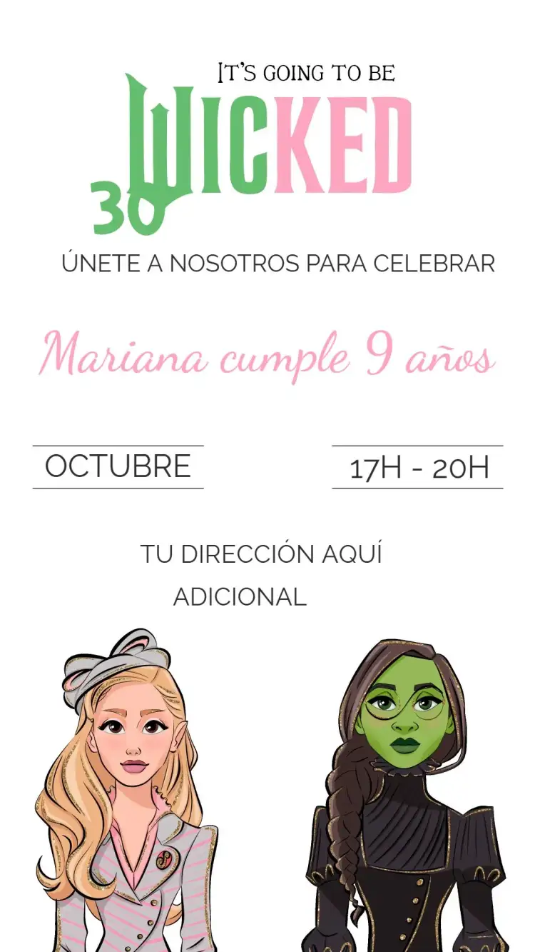 Invitación Wicked – tema Cumpleaños Infantil Wicked, musical, fantasía
