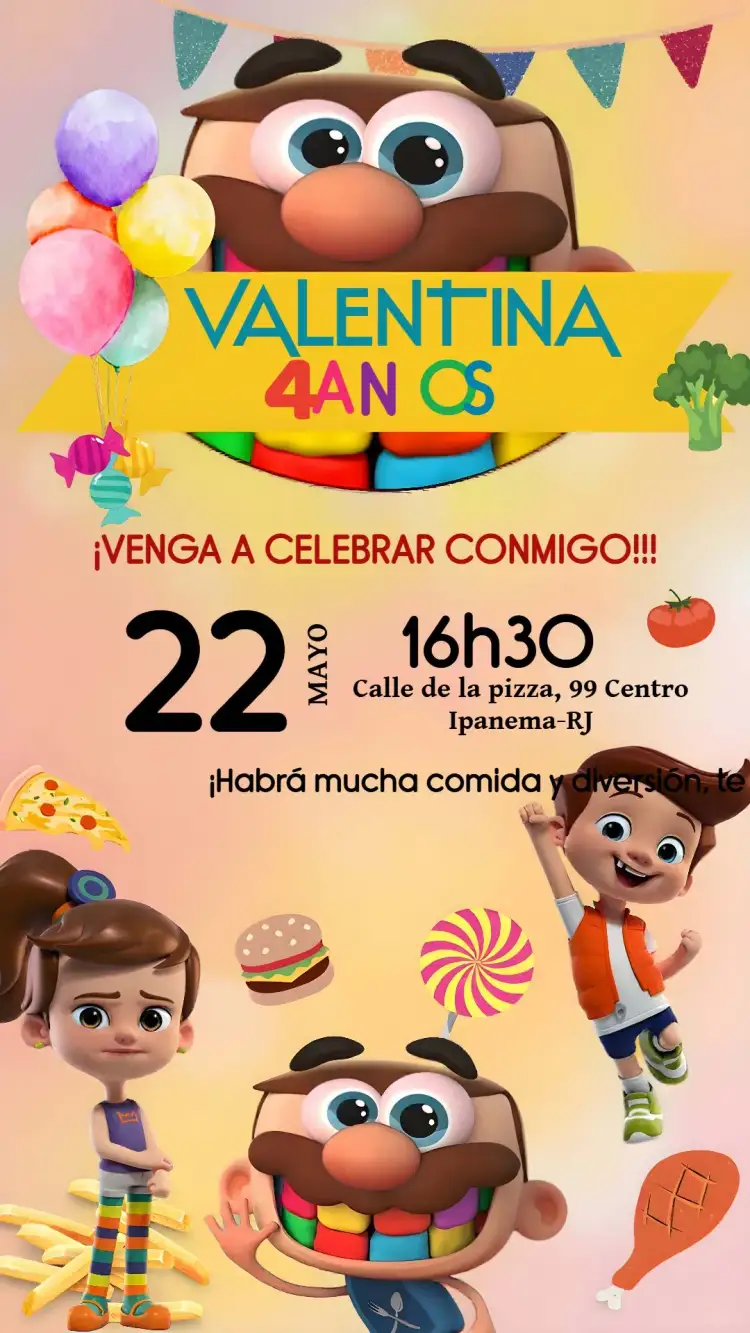 Invitación José Comilão Infantil – tema Más buscados colorido, divertido, lúdico, temático, infantil