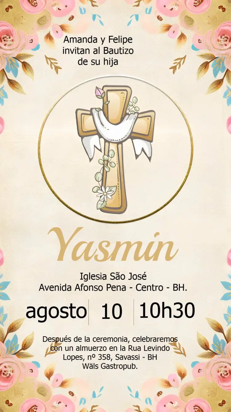 Invitación Bautizo Bautismo Eucaristía – tema Bautismo floral, dorado, elegante, delicado, moderno, clásico