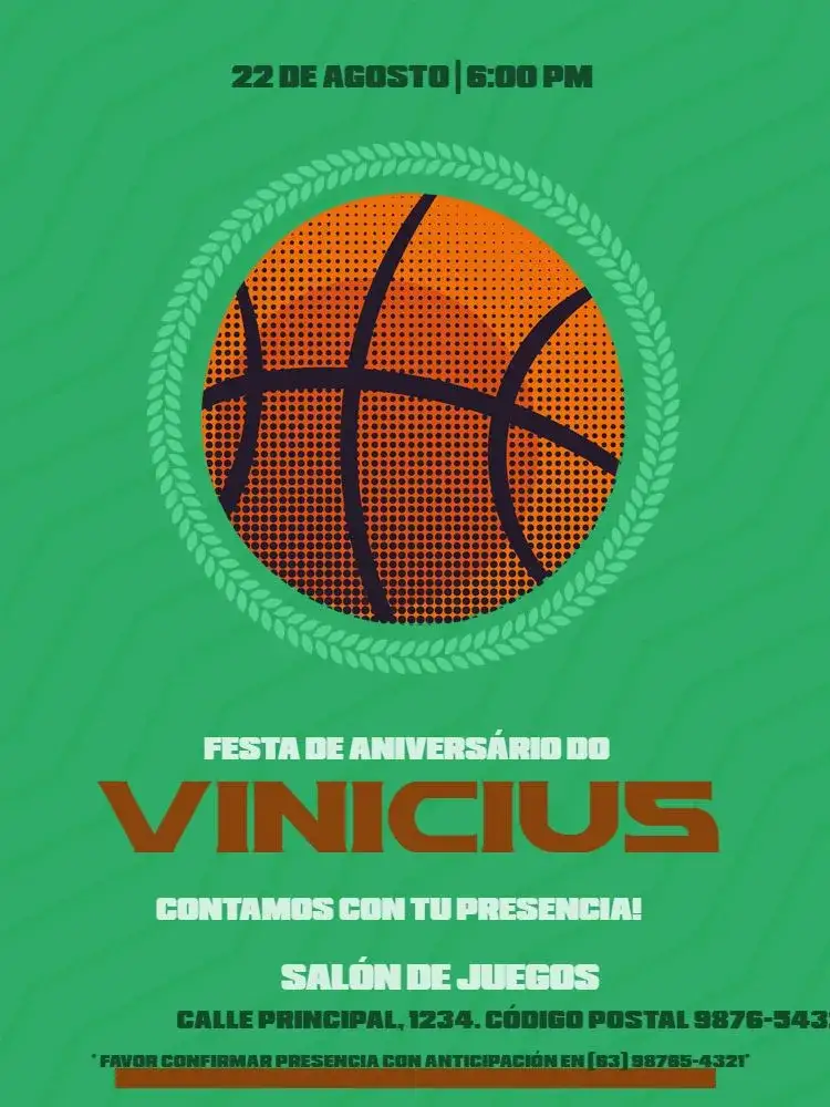 Invitación Celebración de Baloncesto Verde – tema Cumpleaños Infantil moderno, deportivo, vibrante, divertido, colorido, juvenil