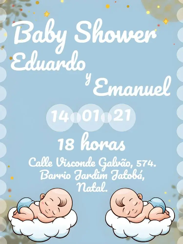 Invitación Baby Shower Gemelos Niños Niño – tema Baby Shower azul, blanco, nubes, burbujas de jabón, moderno, lúdico